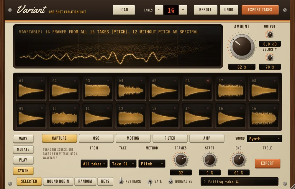 Synth-Seite: Capture aus allen Takes mit der Methode Pitch.
