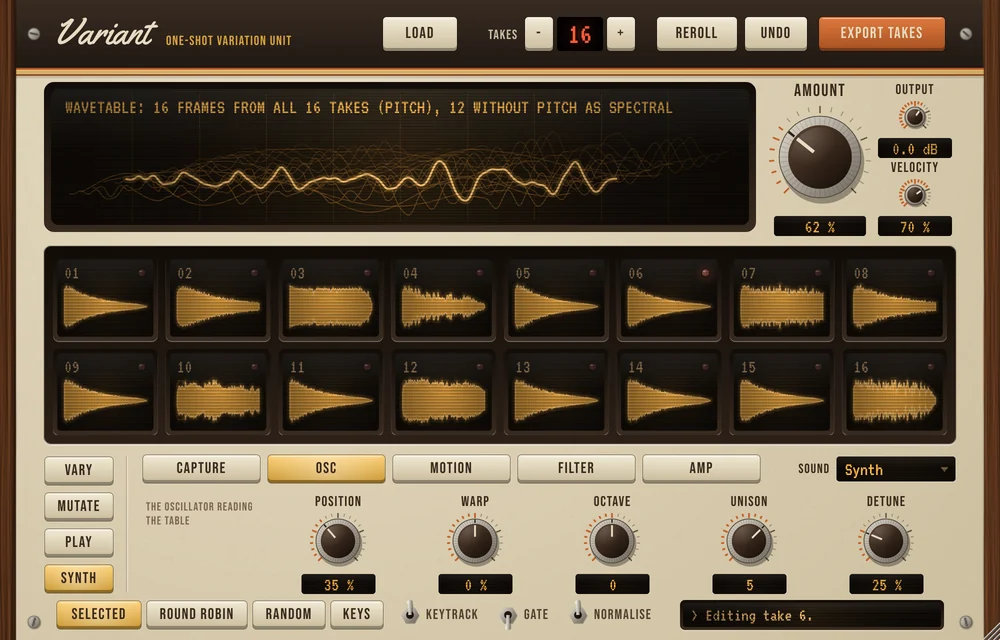 Synth-Seite: Oszillator mit Position, Warp und Unison.